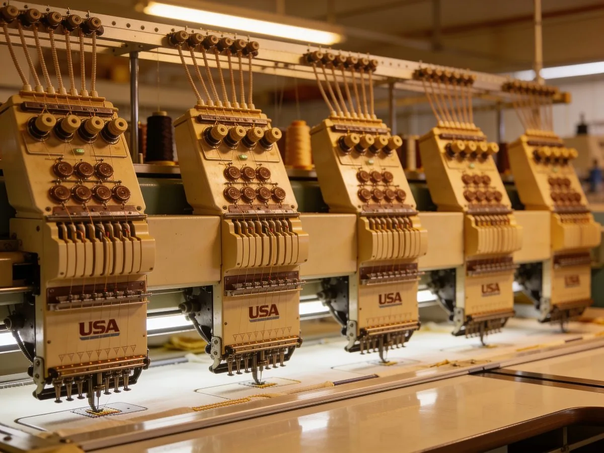 A row of different embroidery and commercial sewing machine brands lined up