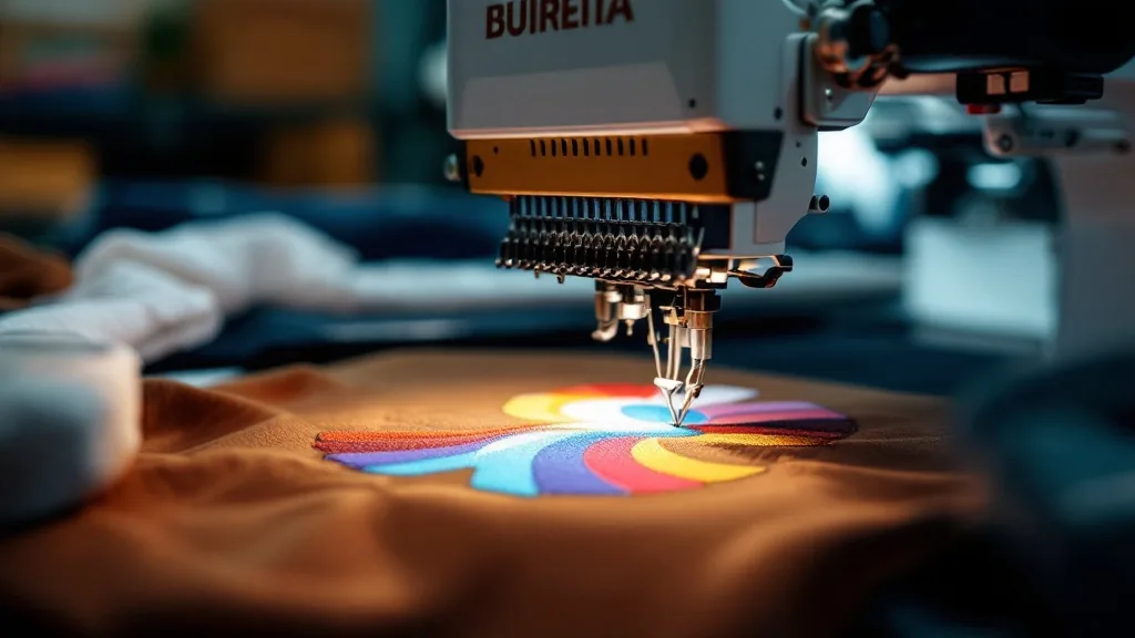 Imported multi-needle embroidery machine stitching a design